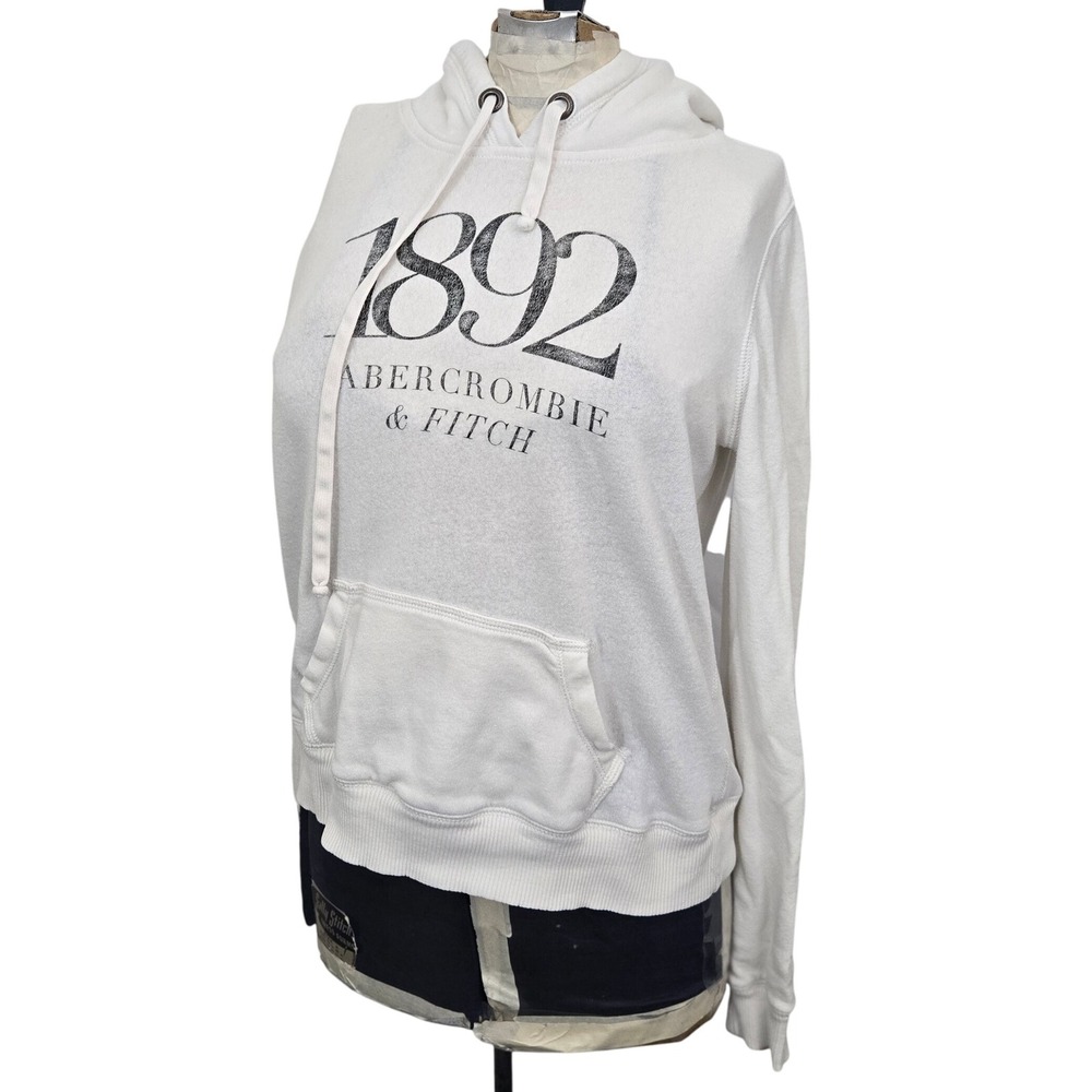 Women Small Abercrombie & Fitch 1892 Pullover Hoodie White‎ Sweatshirt Crop Y2K